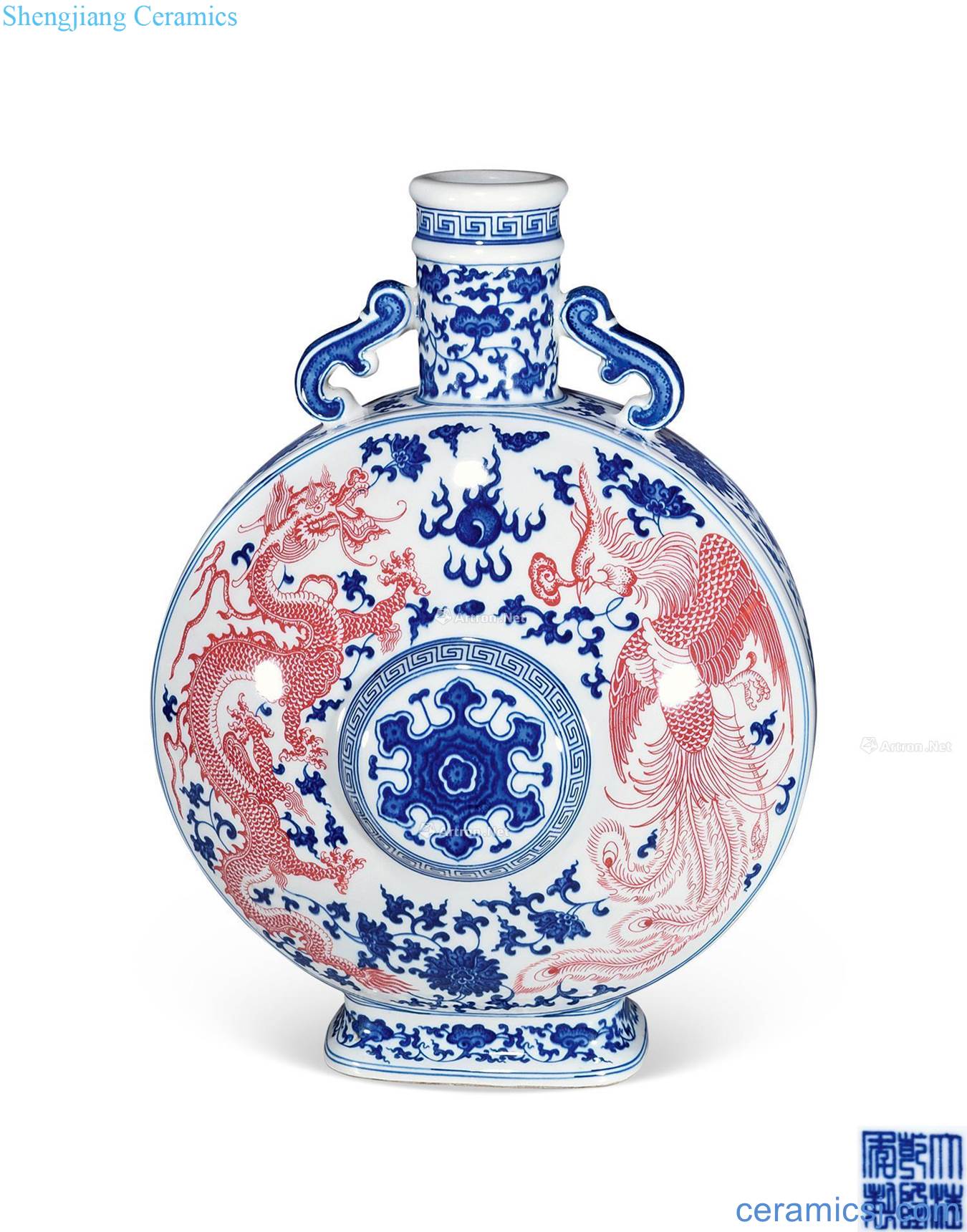 Qing qianlong Blue and white youligong longfeng pattern flexibly ear flat bottles