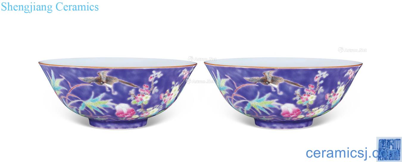 Qing qianlong purple glaze to the color of flowers and birds green-splashed bowls (a)