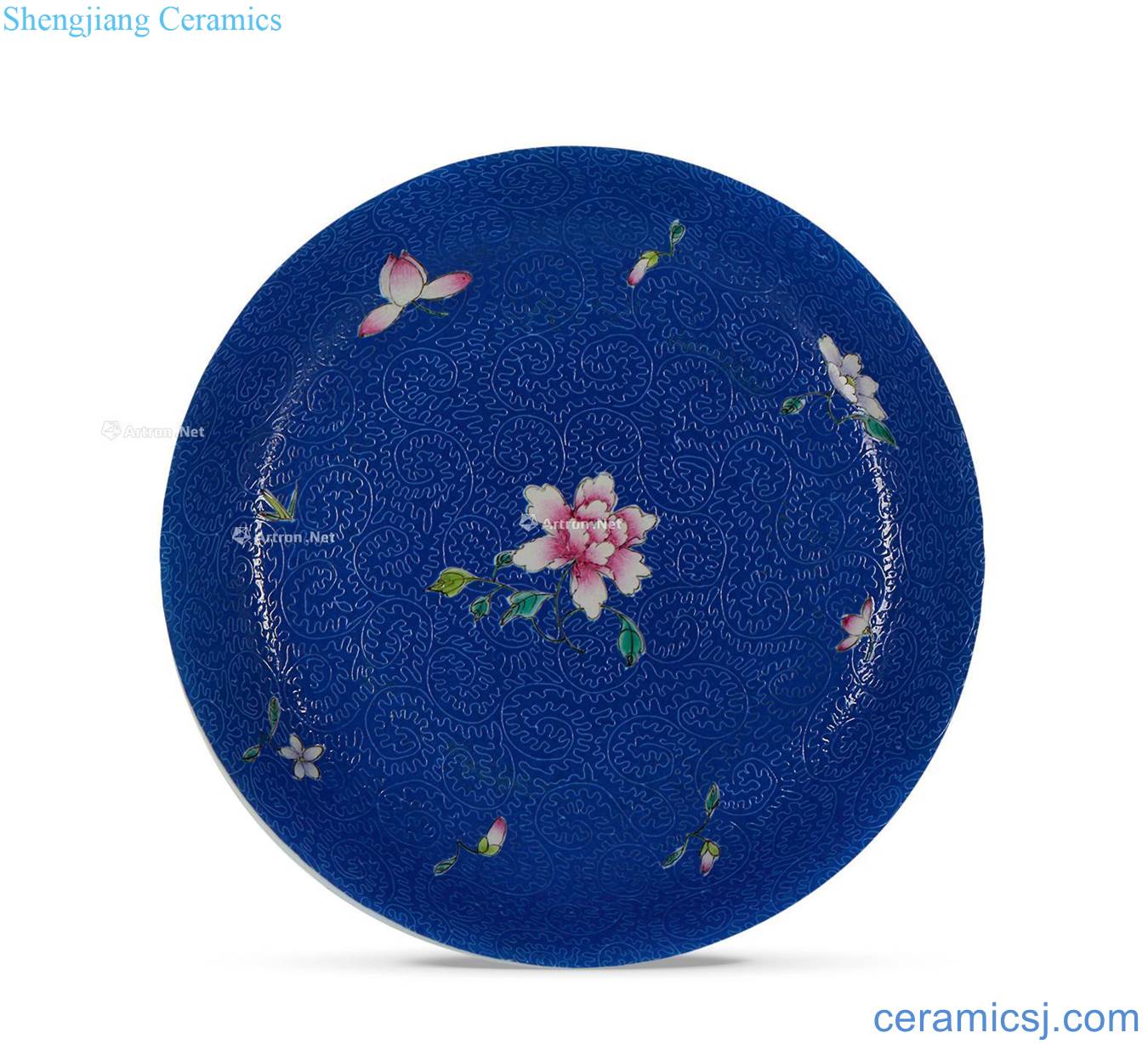 Qing qianlong blue glaze way pastel peony plate