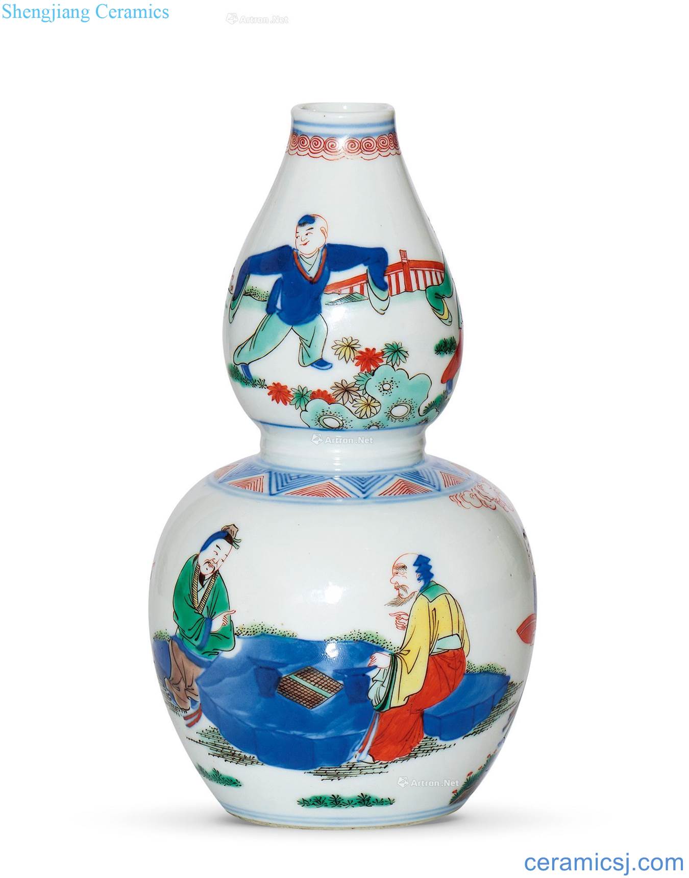 Qing guangxu Blue and white gourd bottle colorful characters