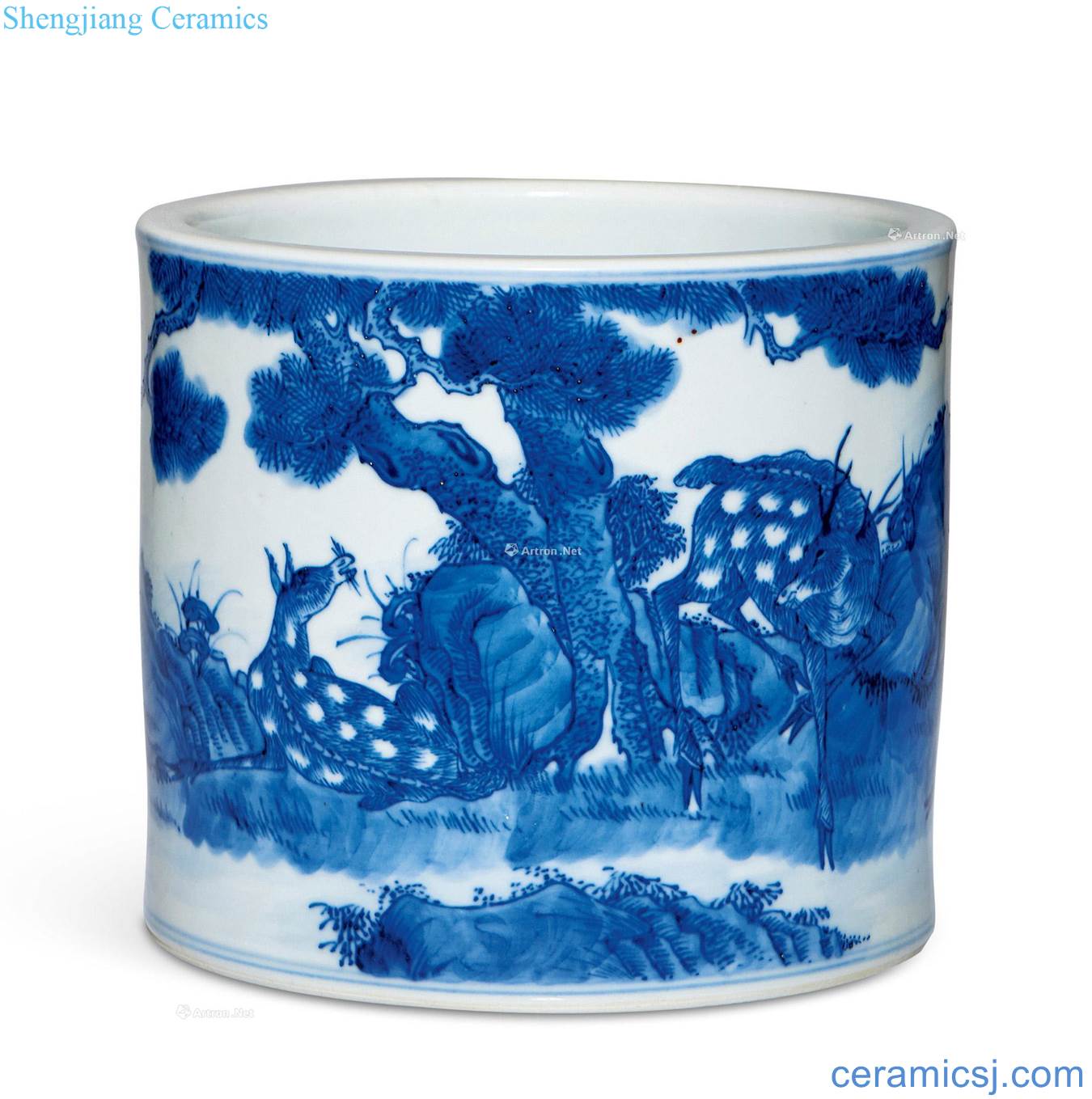 qing Blue and white fu lu shou brush pot