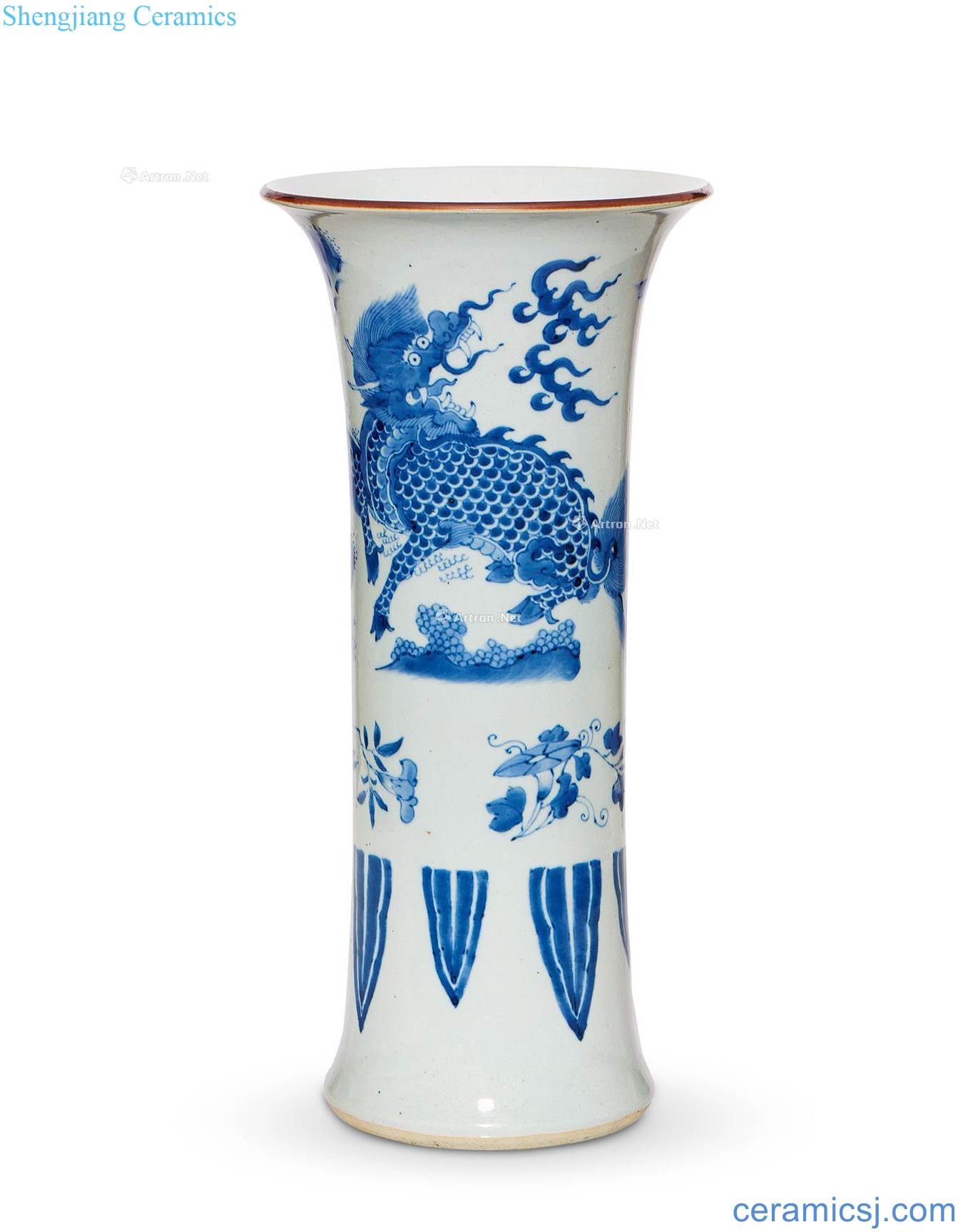 Qing shunzhi Blue and white unicorn banana flower vase with