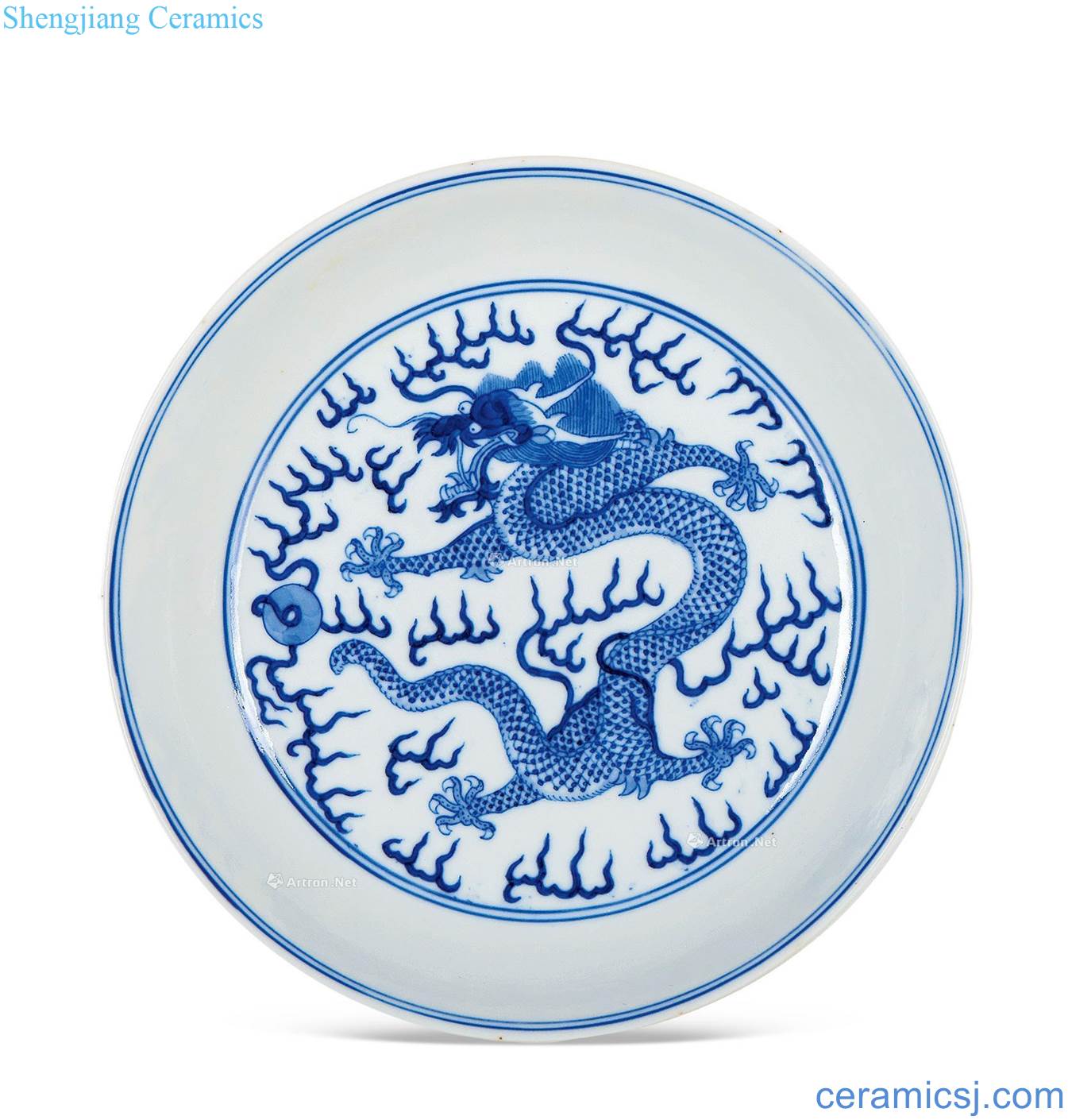 Qing guangxu Blue and white dragon disc