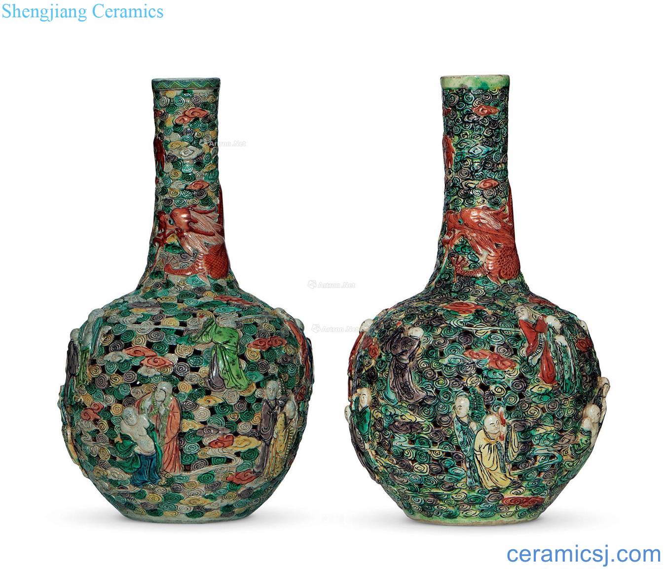 Qing guangxu Colorful porcelain carving 18 arhats tree (a)