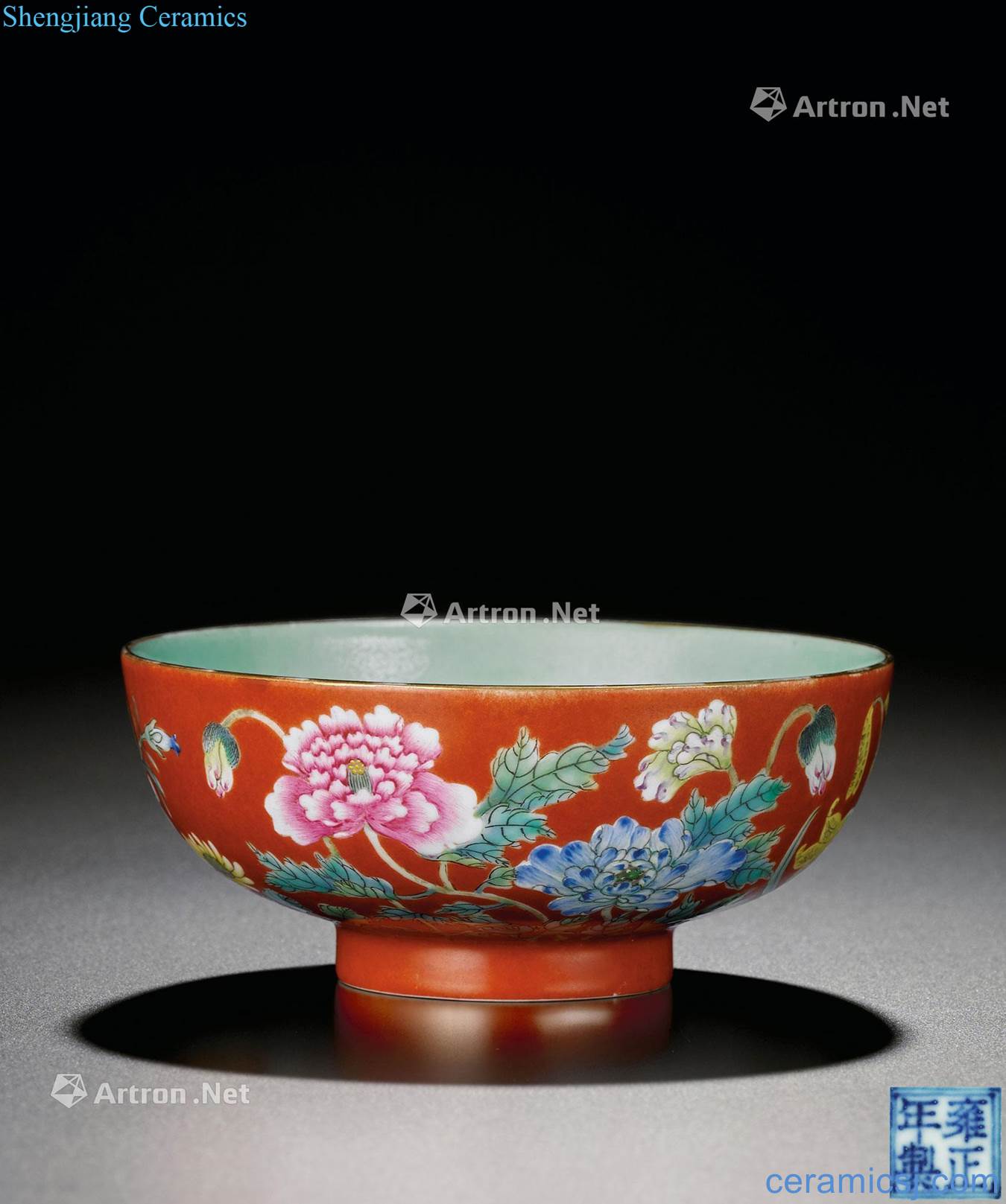 Black coral red pastel flowers green-splashed bowls