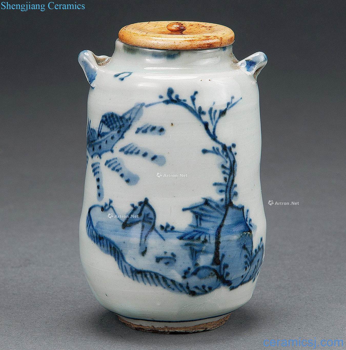 Ming Grain ears tea into the blue and white landscape characters
