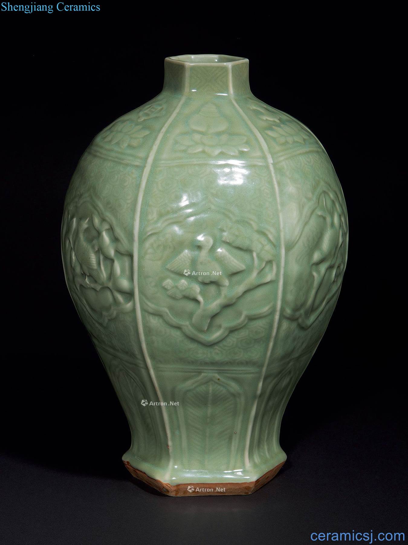 Ming Longquan celadon six arrises medallion and grain mei bottles