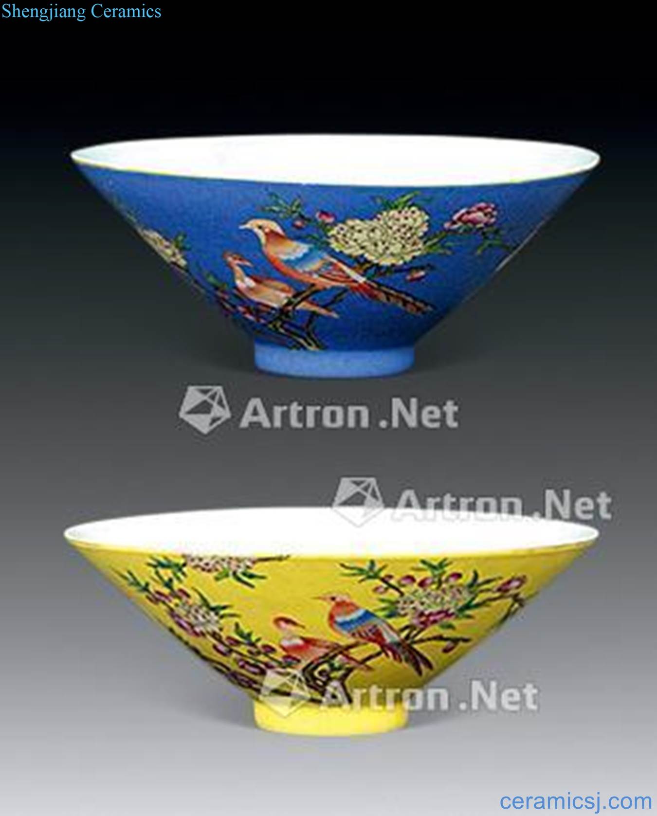 Qing qianlong pastel yellow glaze blue hat to bowl (a pair)