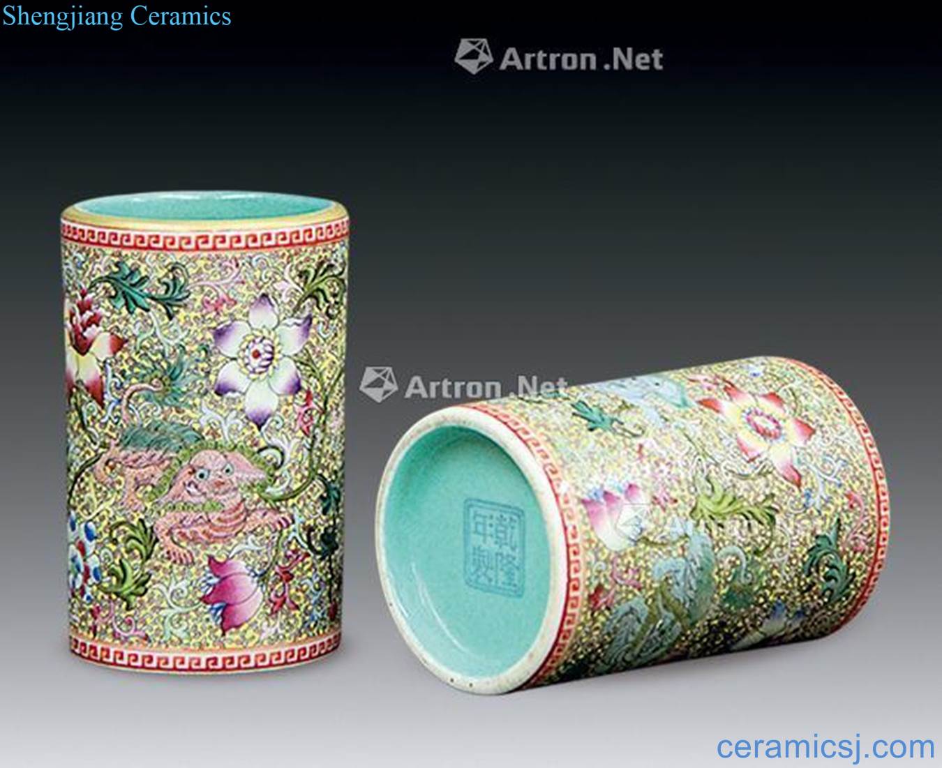 Qing qianlong imperial kiln of tracing the principal pastel work full flower benevolent small brush pot (a)