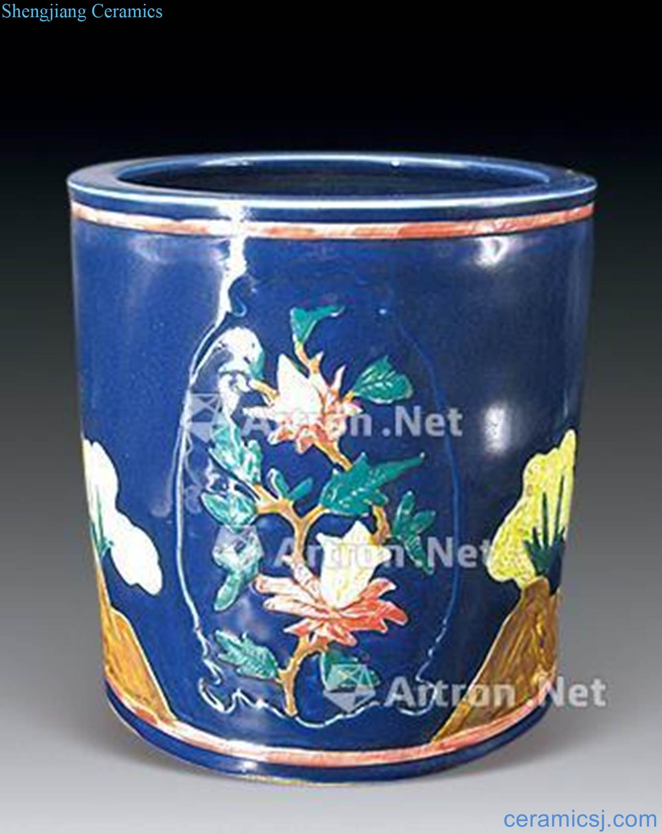 The qing emperor kangxi the blue glaze colorful carved brush pot
