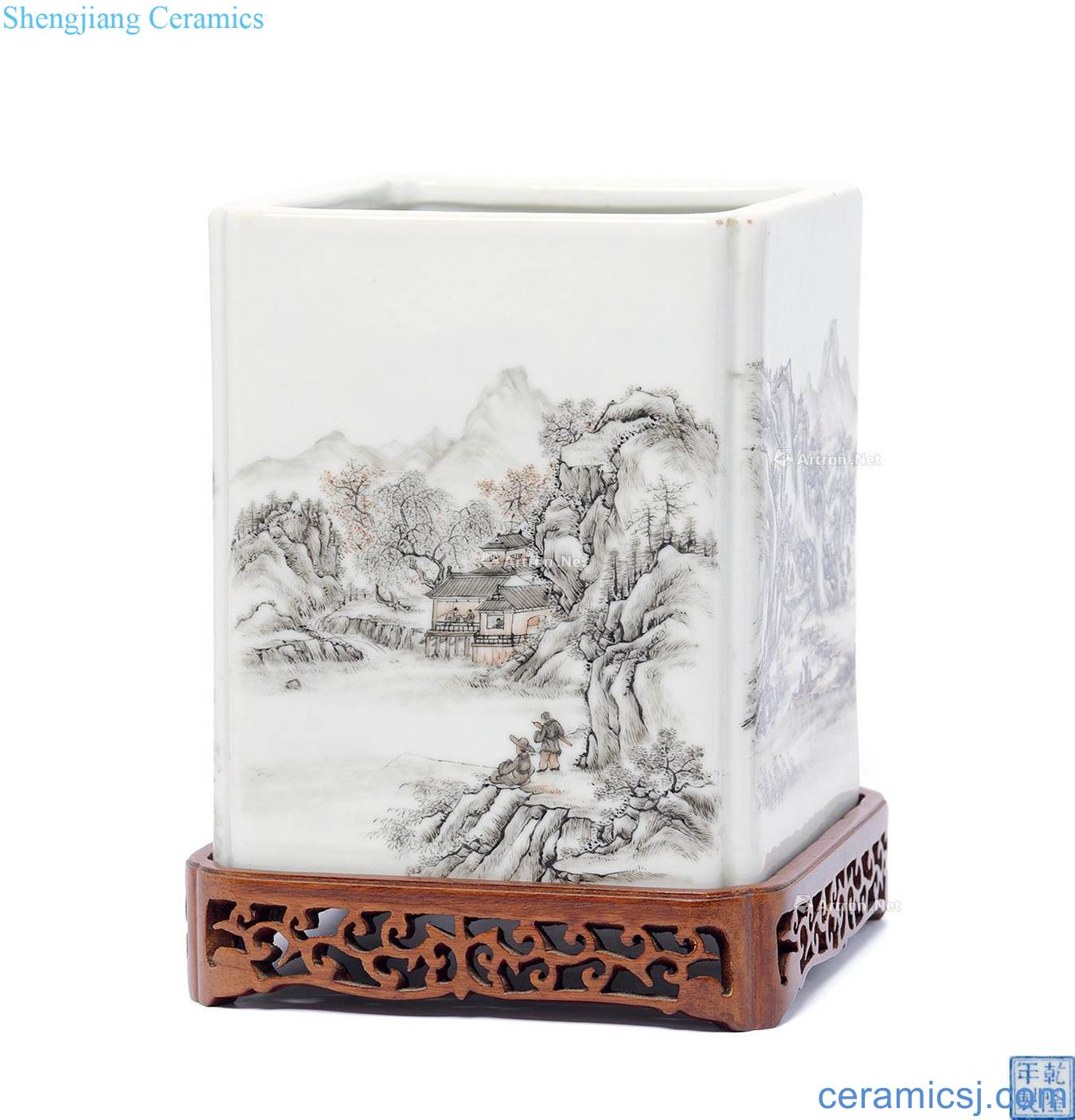 Qing or later Color ink landscape square brush pot