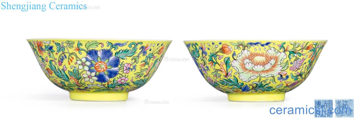 Qing daoguang Five bats to pastel yellow flower bowl (a)