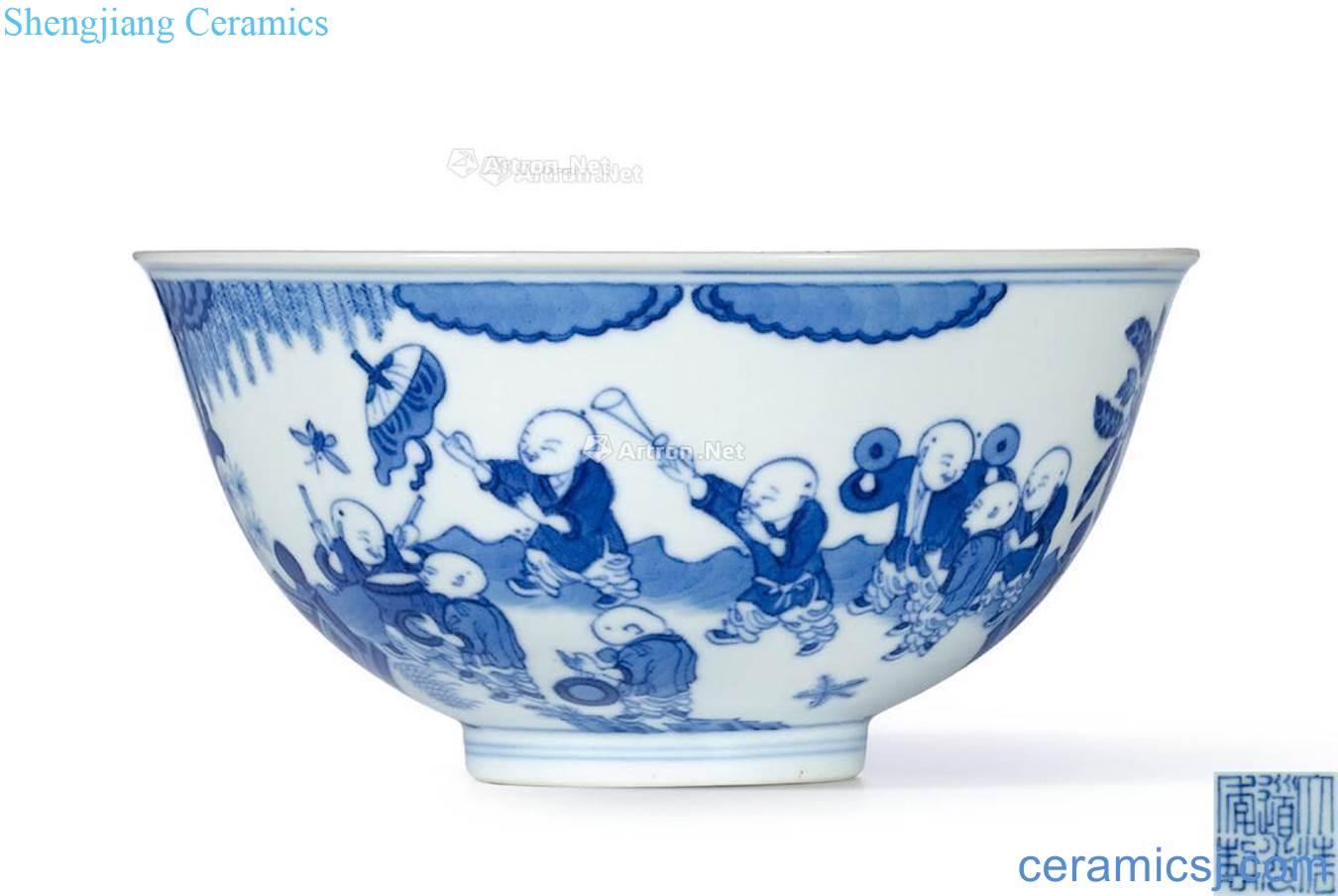 Qing daoguang Blue and white 16 son figure baby play bowls