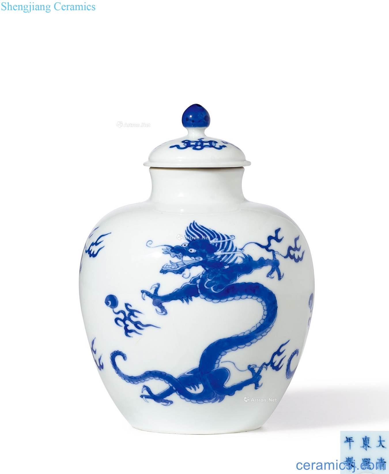 The qing emperor kangxi Blue and white pearl dragon grain cover tank