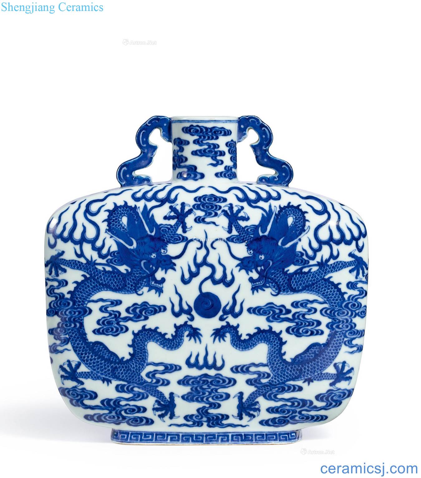 Qing qianlong Blue and white dragon playing pearl grain flat pot