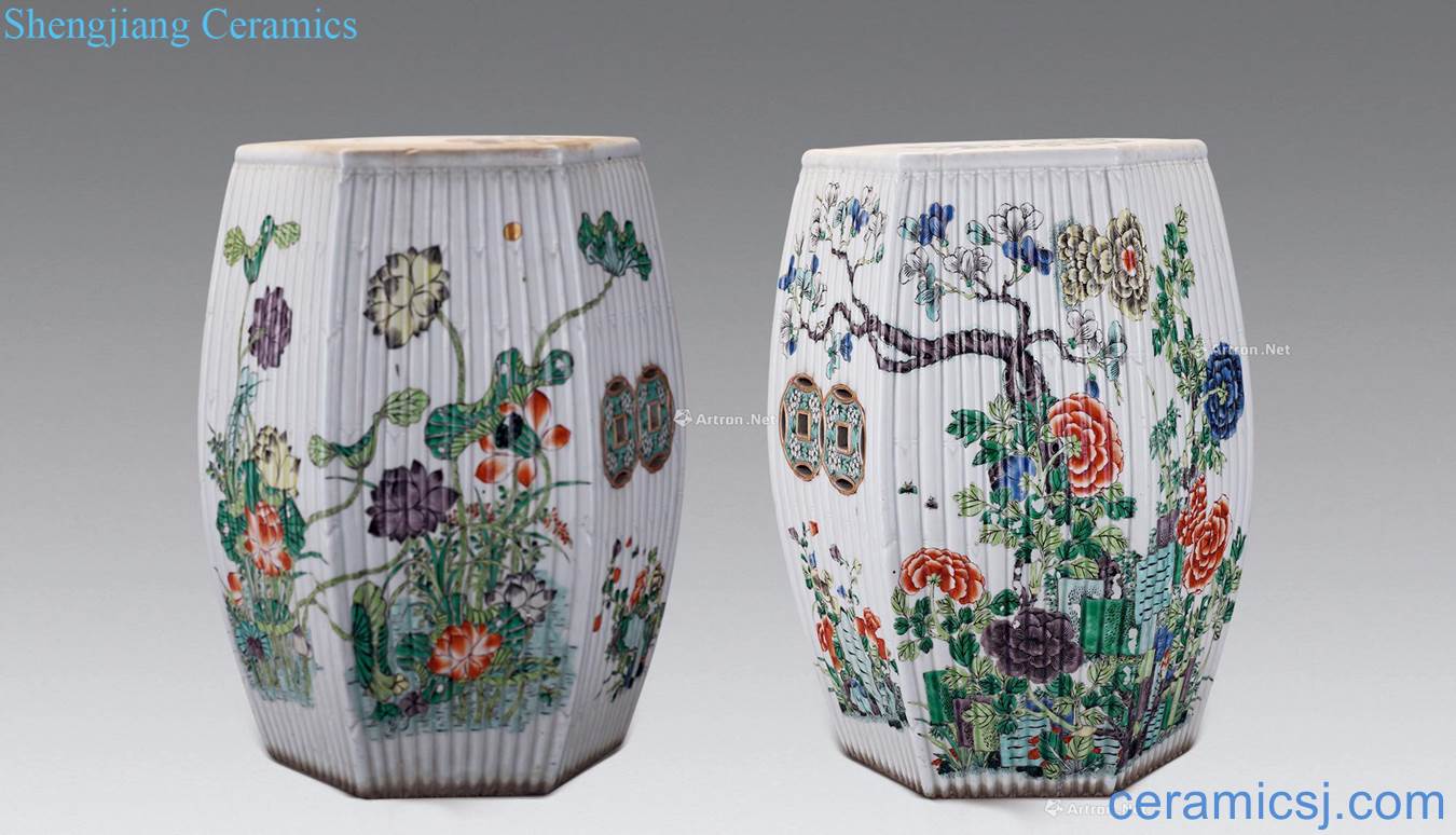 Colorful flowers in late qing dynasty hexagonal drums 櫈 (a)