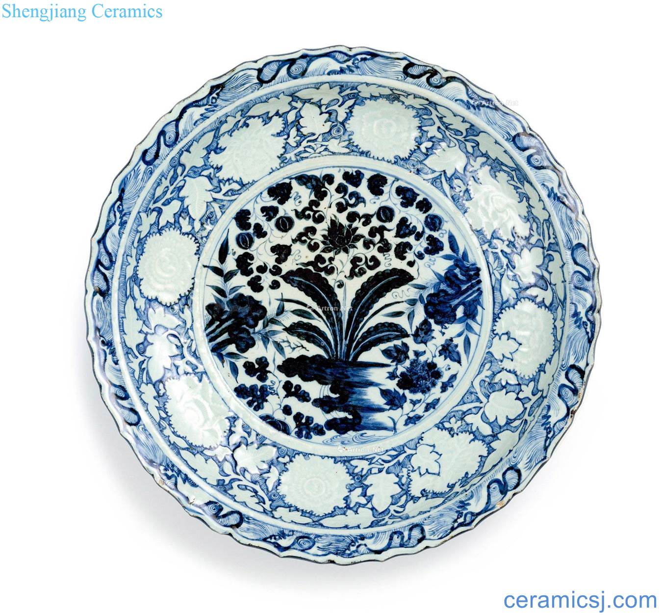 yuan Blue and white lithographic flowers wrapped in show peony wen ling swash plate
