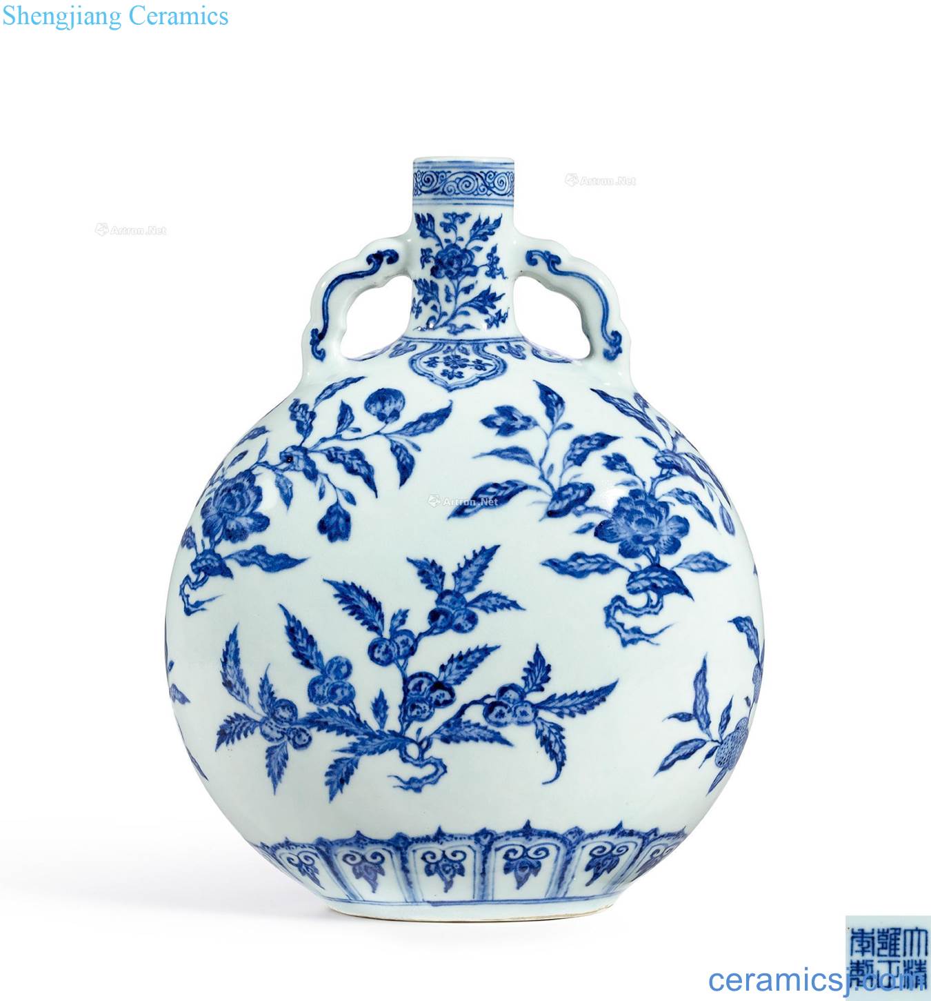 Qing yongzheng Blue and white ruffled branch flowers and grain satisfied ear flat pot