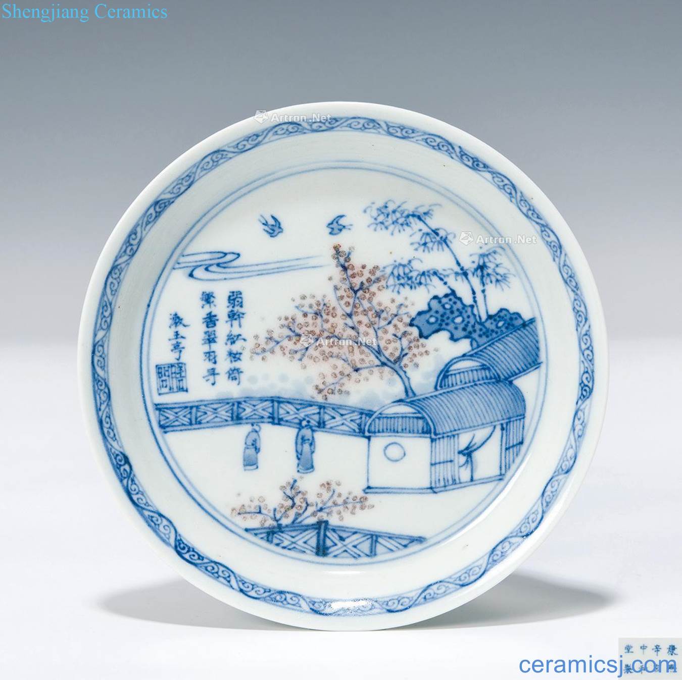Kangxi xinhai hall (1671) Blue and white glaze red landscape sense grain small dish