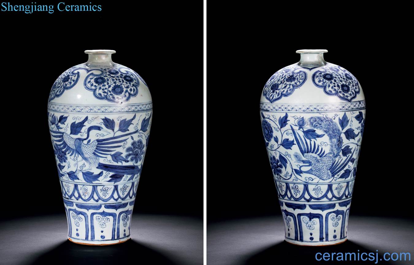 yuan Blue and white rounded medallion ruyi "peacock" wear peony figure bottles