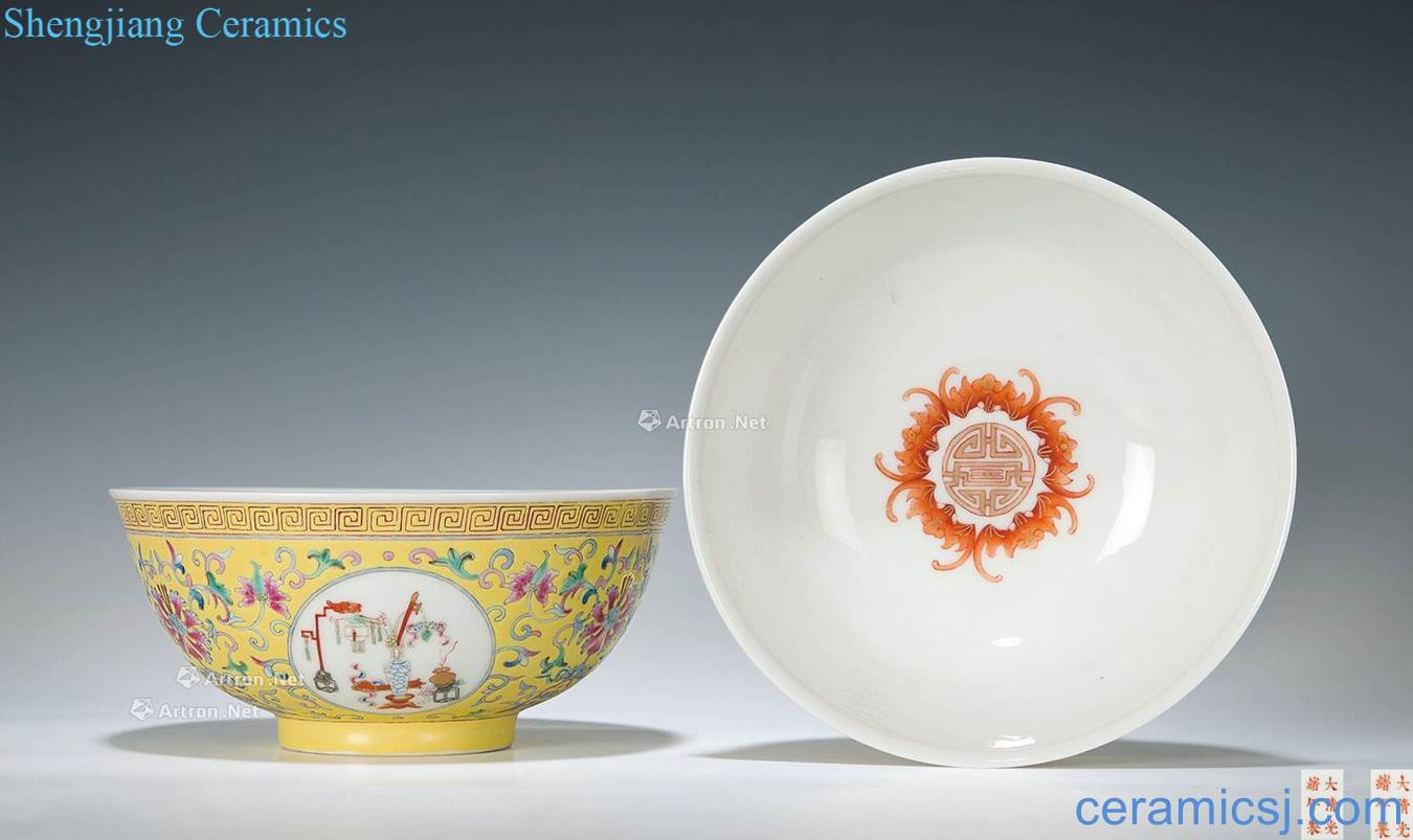 guangxu To pastel yellow tie up lotus flower medallion in the antique wufu hold shou wen bowl (a)