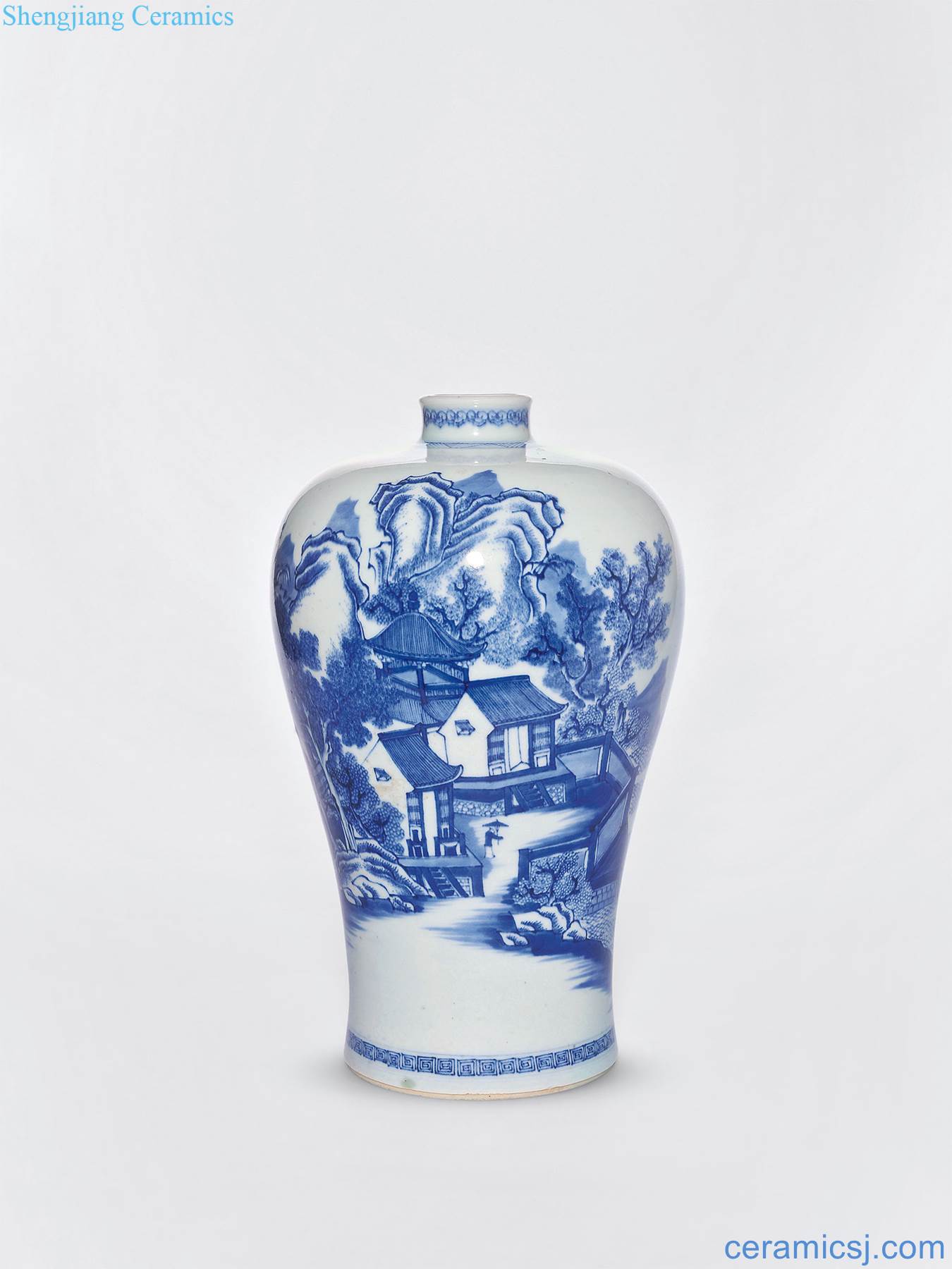 Qing qianlong Blue and white landscape character lines may bottle