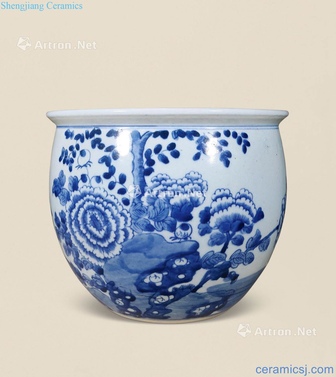 Qing dynasty blue and white figure cylinder blooming flowers