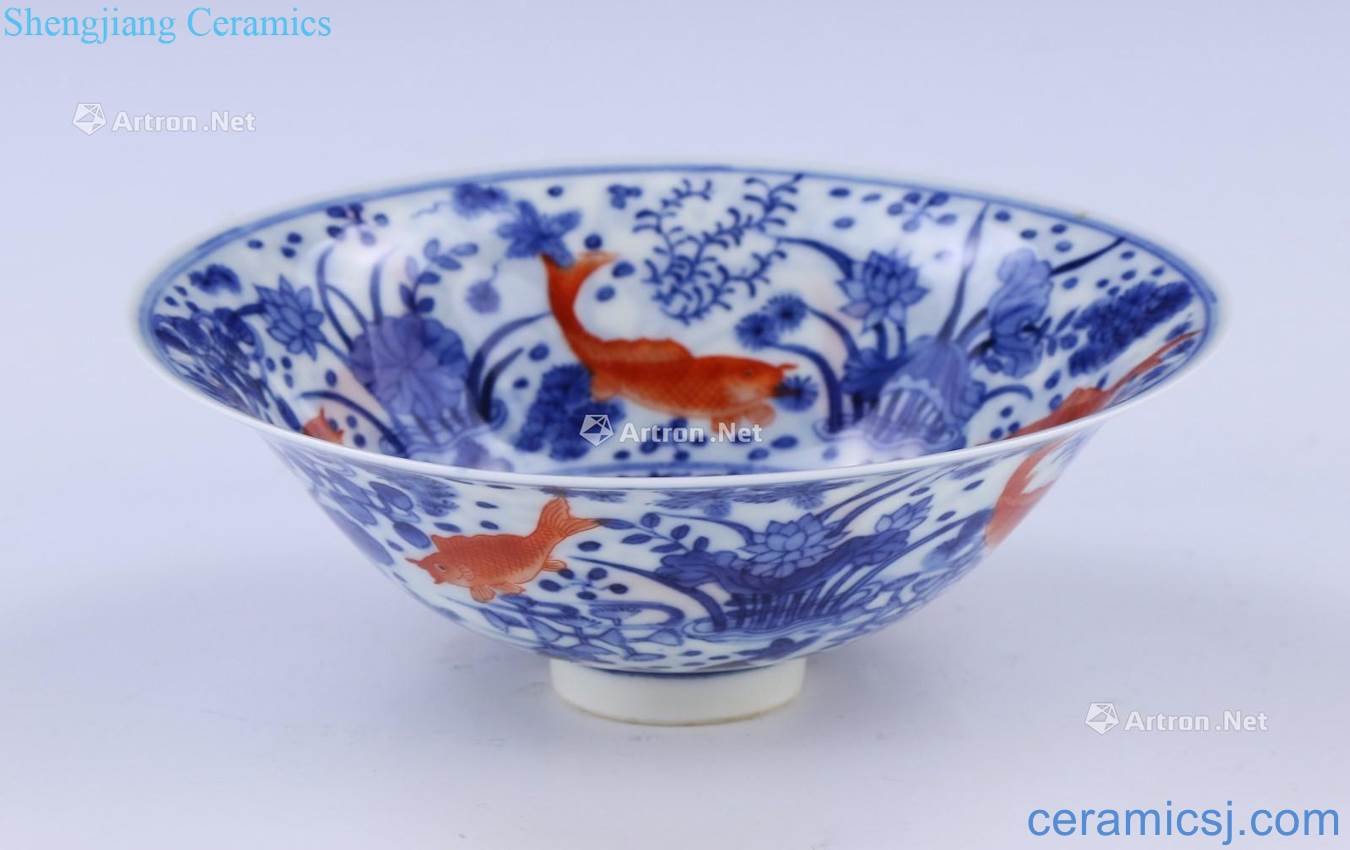 Ming jiajing Blue and white alum red fish algae grain hat to bowl
