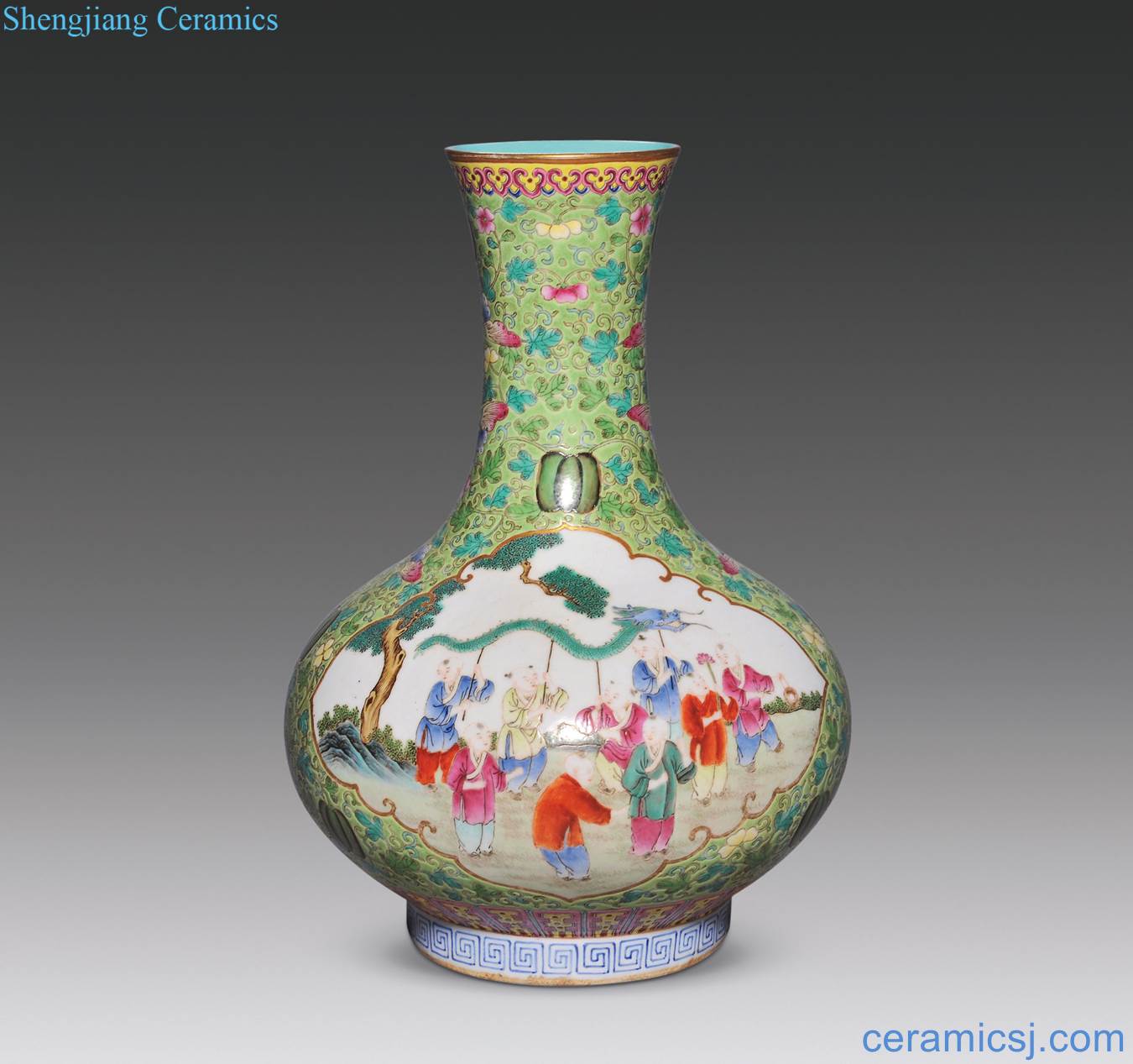In late qing green enamel the flourishing of descendants of continuous medallion TuShang bottle baby play