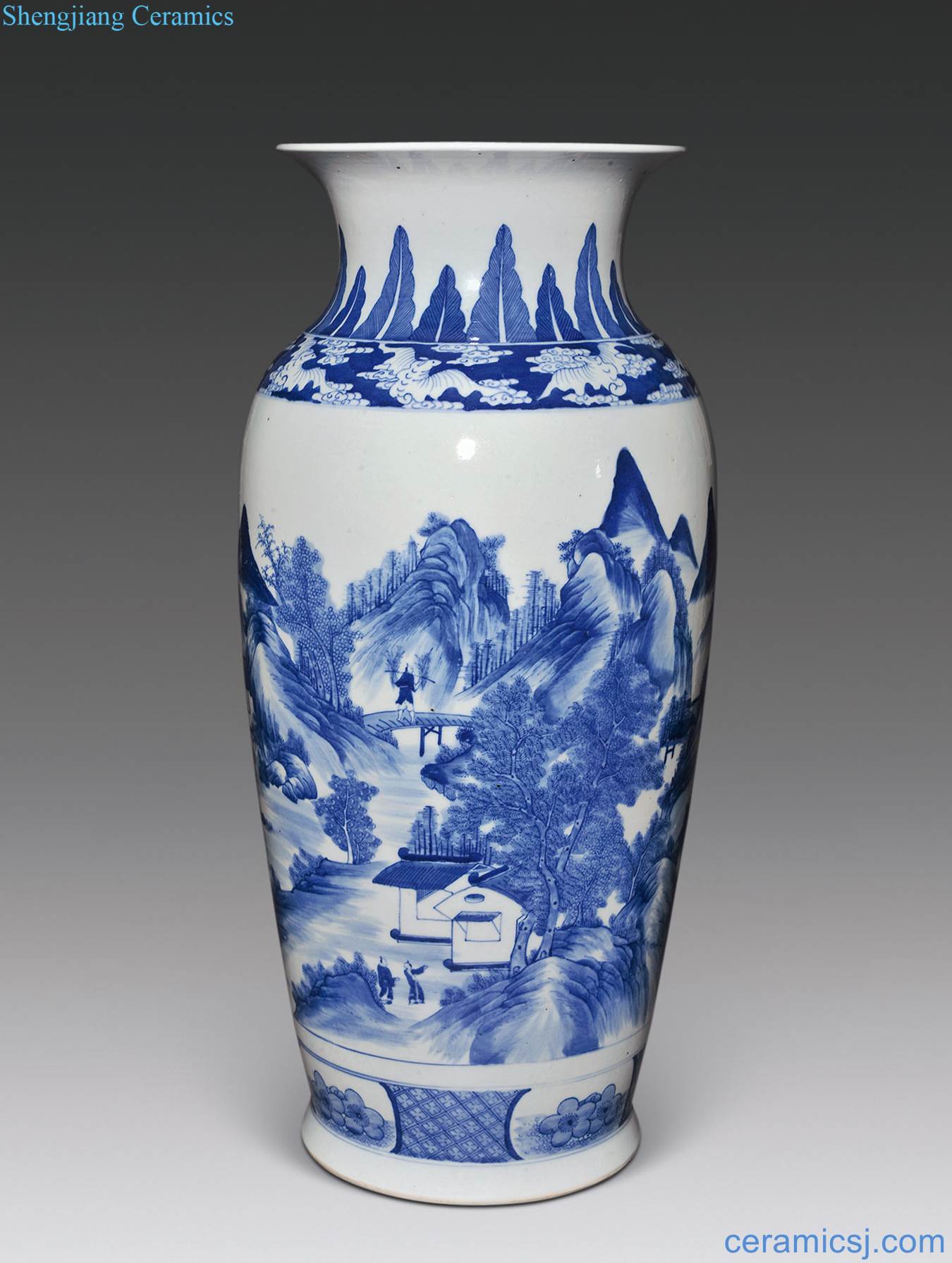 In late qing dynasty Blue and white landscape character lines large bottle
