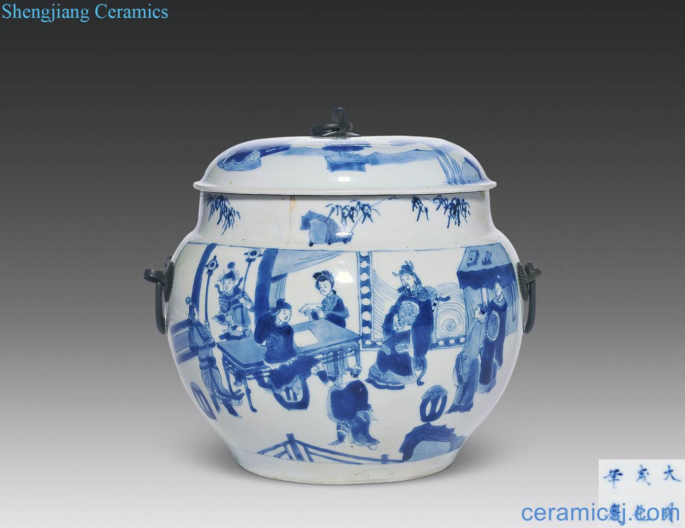 The qing emperor kangxi Blue and white figure intoxication Figure porridge pot careers