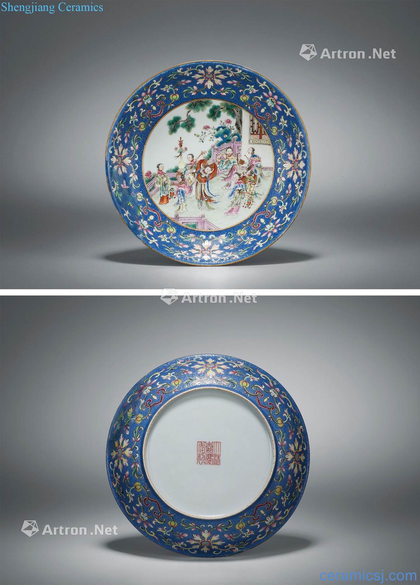 Qing jiaqing blue ground rolling way the flower colors branch treasure phase crowing figure