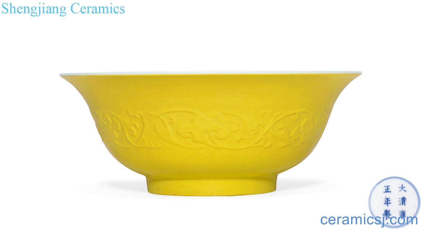 Qing yongzheng lemon yellow glaze flower stamps to tie up branches outside lines in pastel peach green-splashed bowls