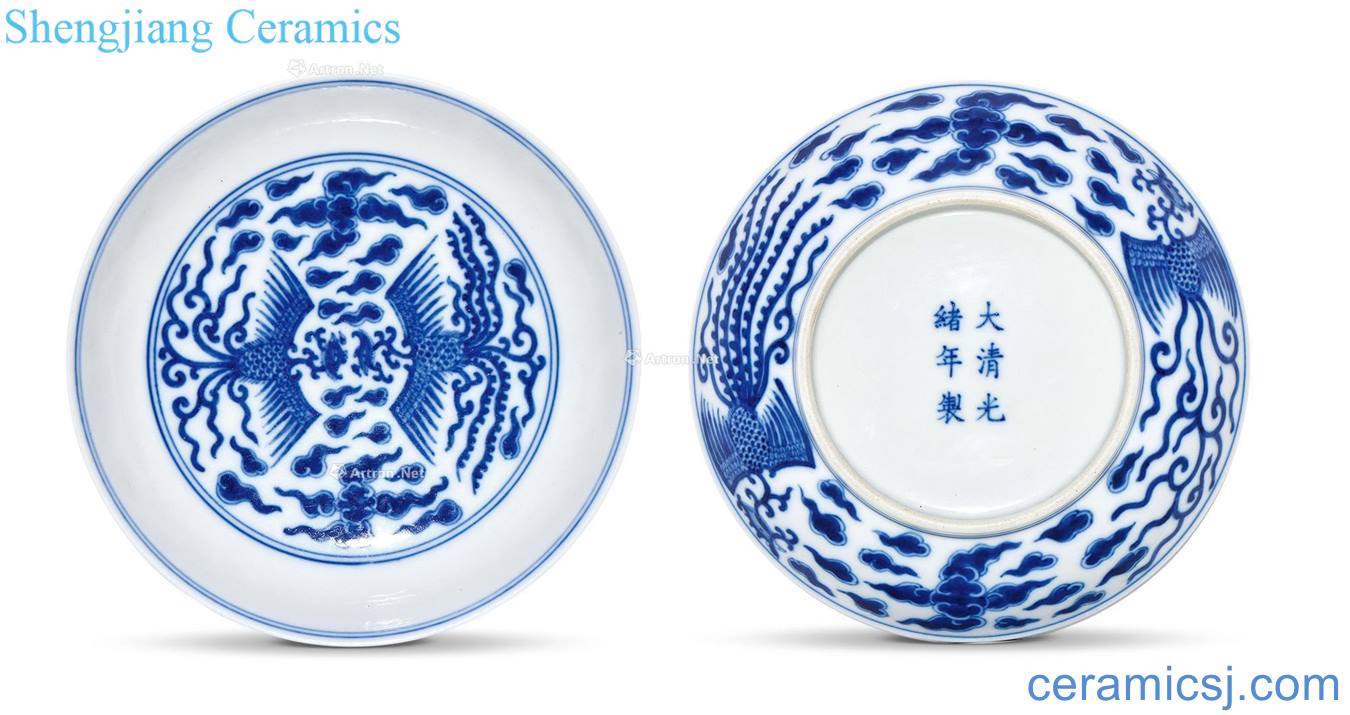Qing guangxu Blue and white double phoenix tray