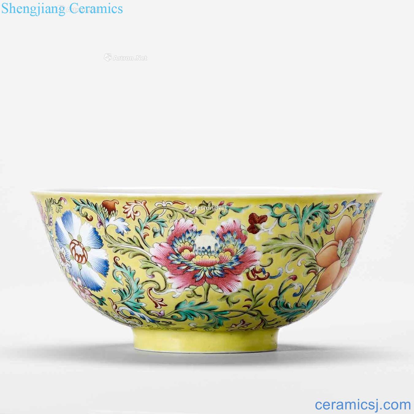 Qing daoguang To the yellow flower colors branches green-splashed bowls