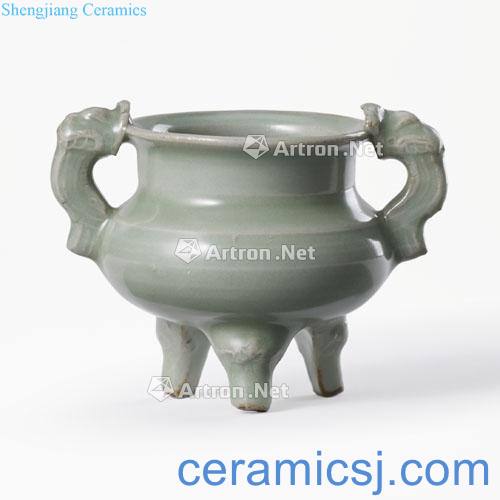 The southern song dynasty Longquan celadon powder blue glaze double beast ear furnace with three legs