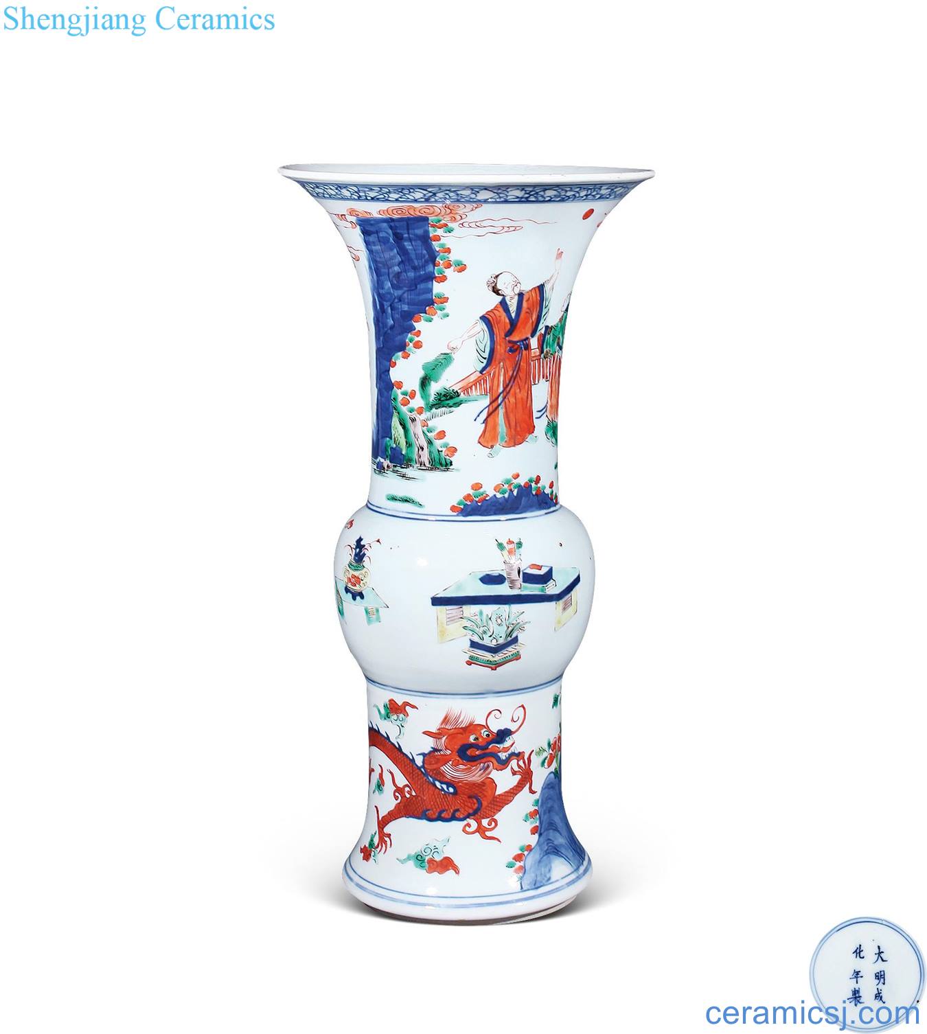 Qing guangxu Blue and white stripes flower vase with colorful fairy characters