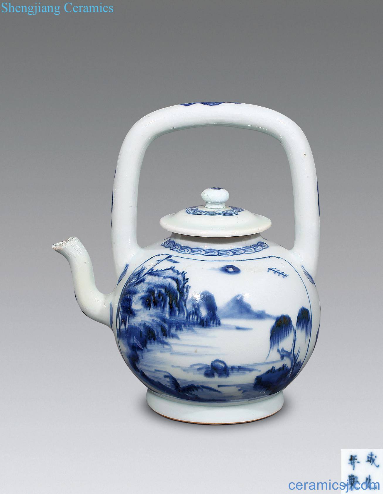 The qing emperor kangxi Blue and white landscape character girder pot