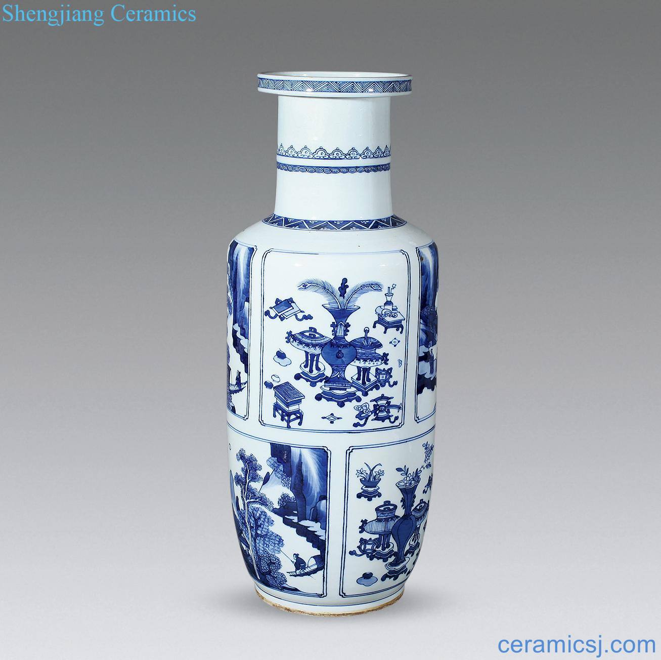 qing Blue and white landscape antique wooden stick