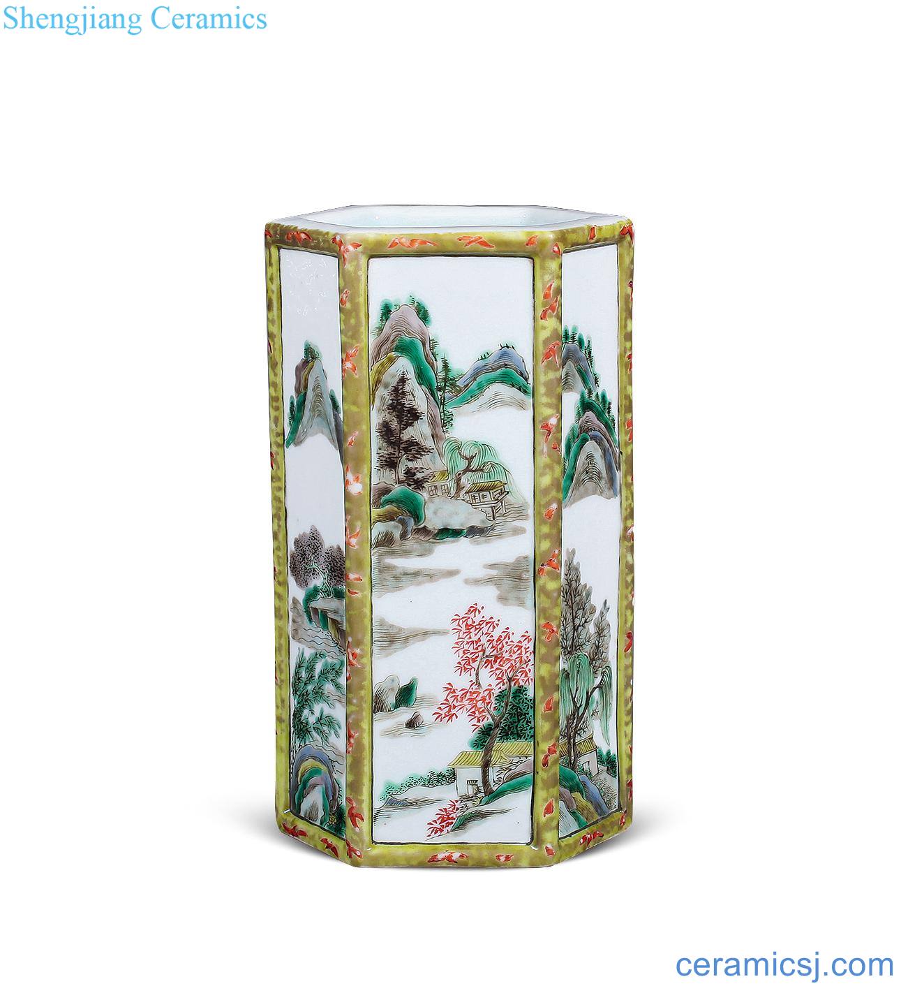 Qing guangxu Colorful landscape of the six-party brush pot
