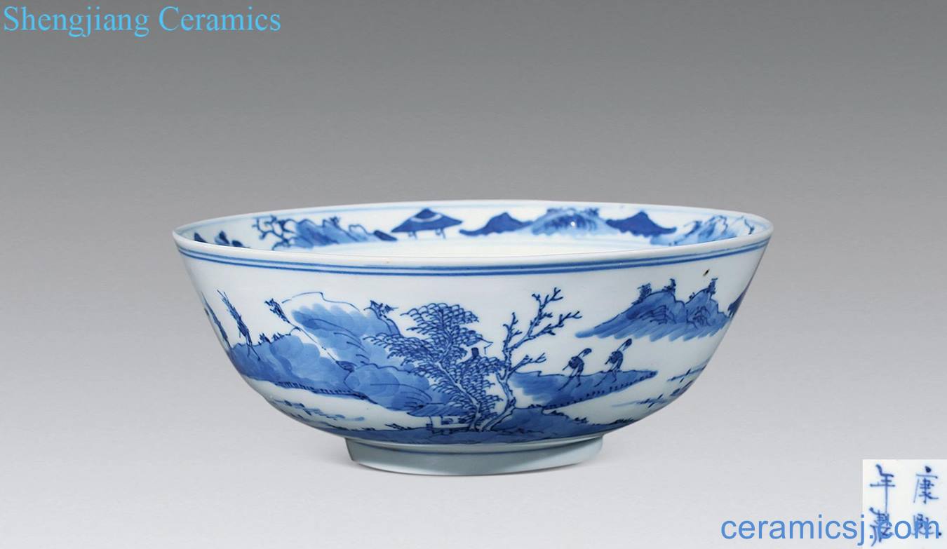 Qing guangxu Blue and white landscape character bowl
