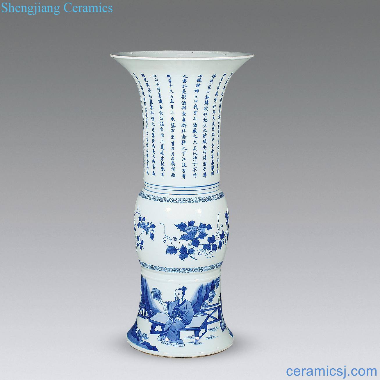 qing Verse flower vase with blue and white characters