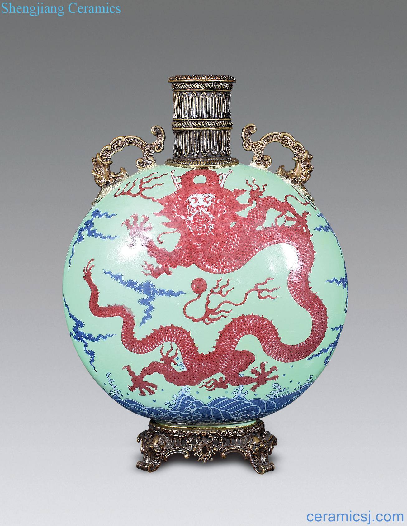 Qing dynasty blue-and-white youligong red dragon grain flat bottles