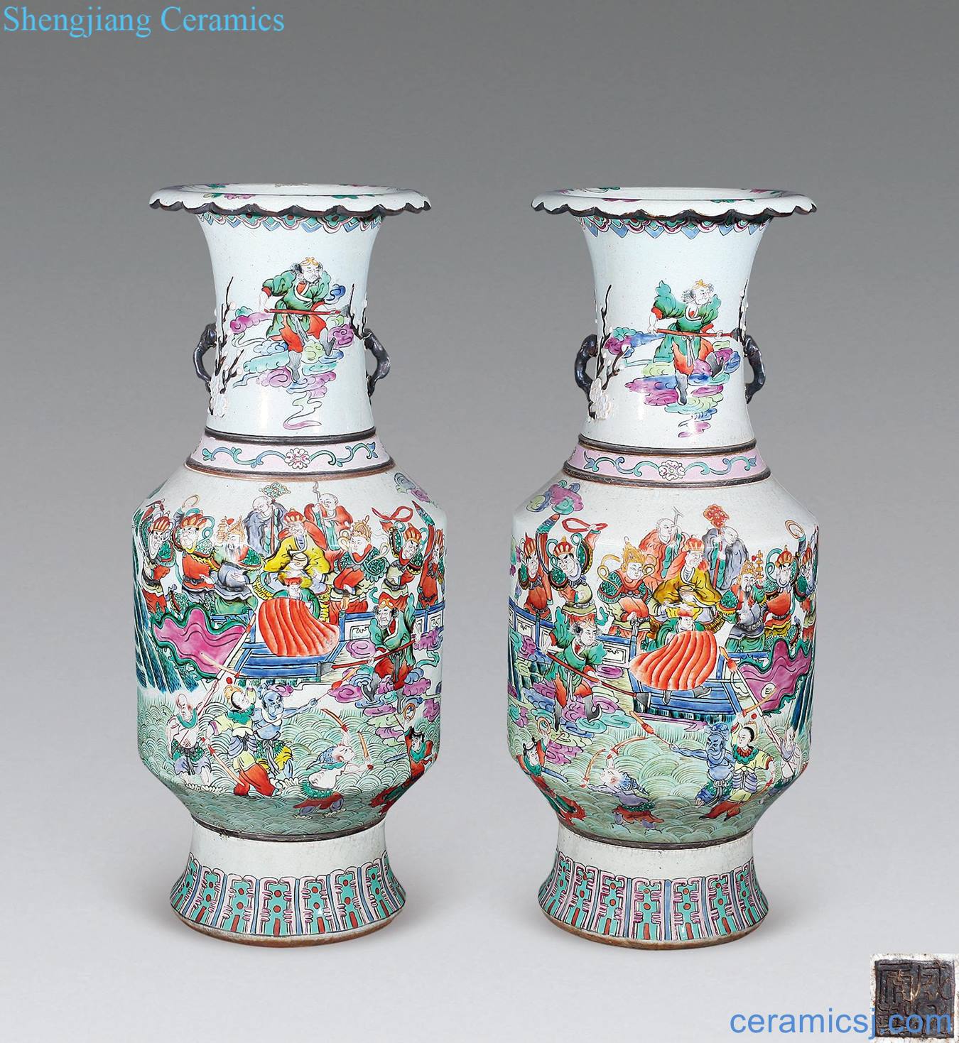 Mid qing The elder brother of the glaze colorful characters story figure vase (a)