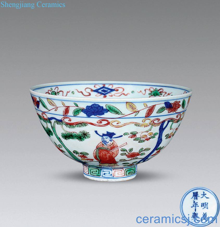 Ming Blue and white bowl of colorful characters