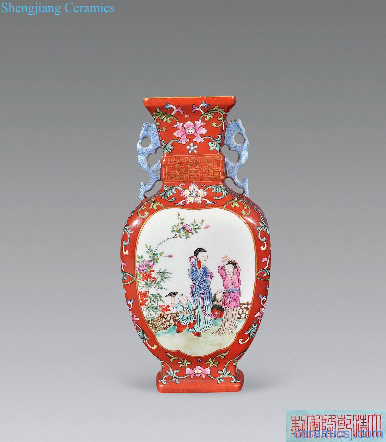 Mid qing Alum in red enamel medallion maid wall bottle baby play