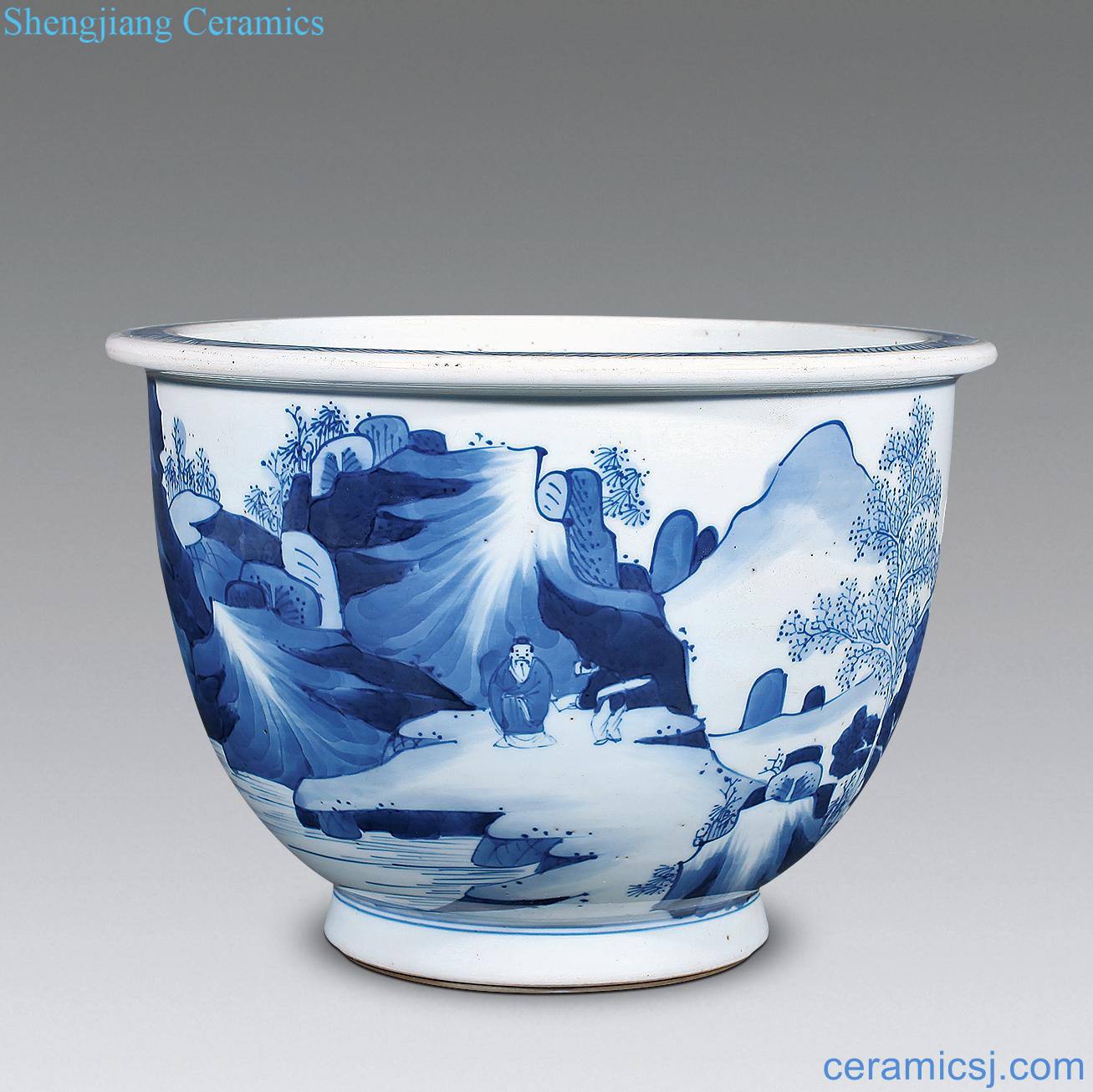 The qing emperor kangxi Blue and white landscape flower pot