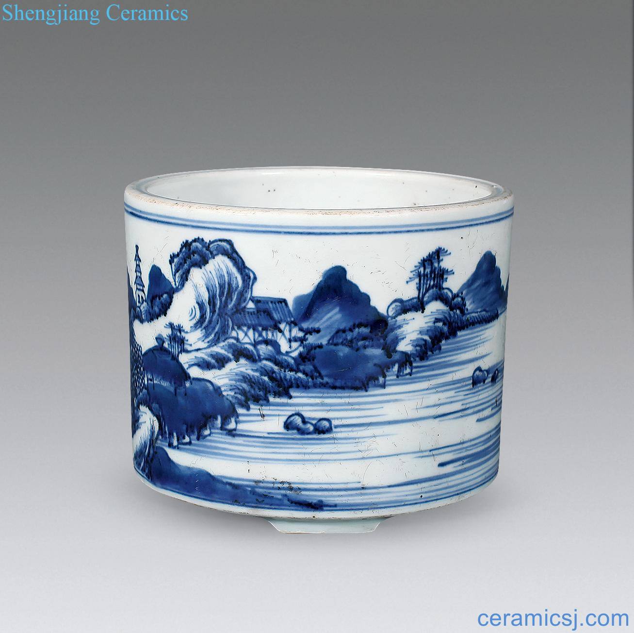 Qing yongzheng Blue and white landscape character cylindrical furnace