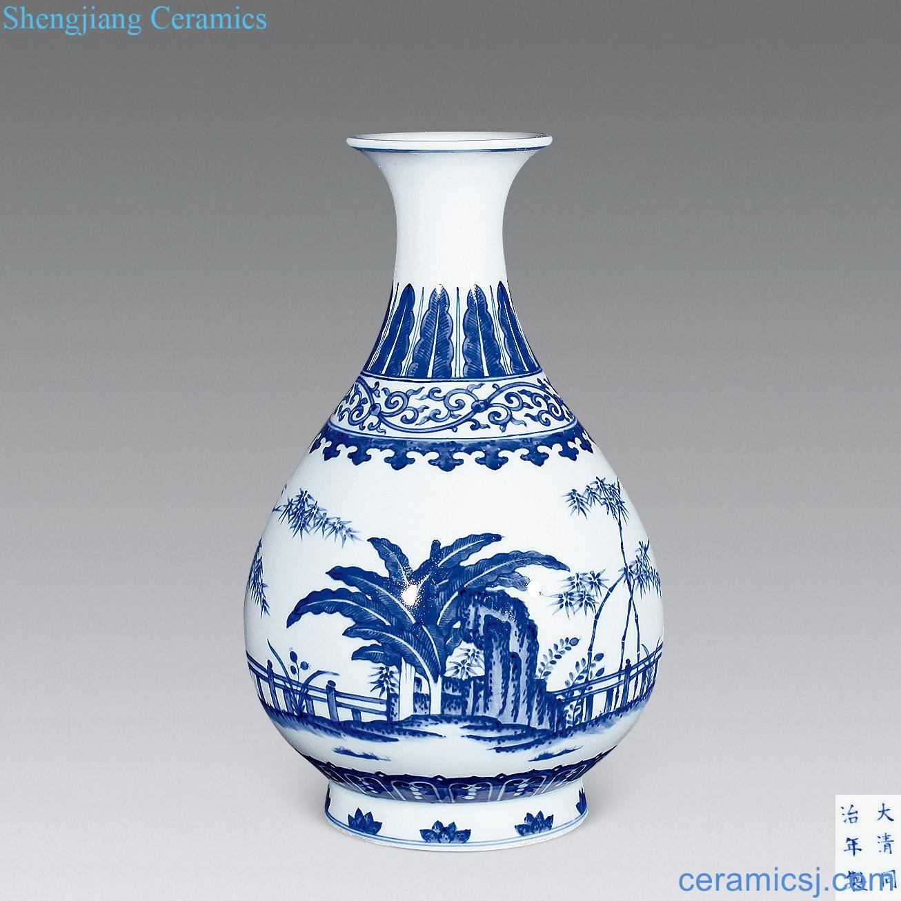 qing Blue and white bamboo stone plantain okho spring