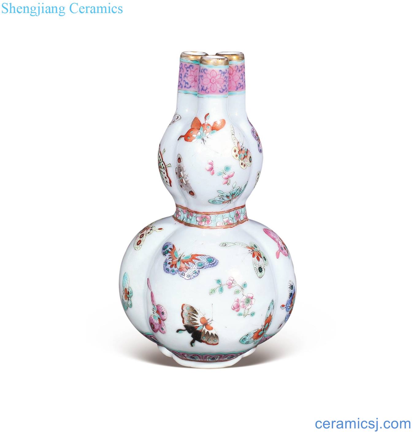 Pastel hundred butterfly figure reign of qing emperor guangxu three tube bottle gourd